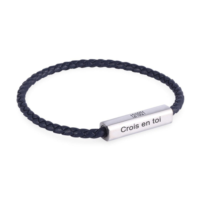 Bracelet cordon noir en cuir tressé avec plaque argentée gravée "Crois en toi".