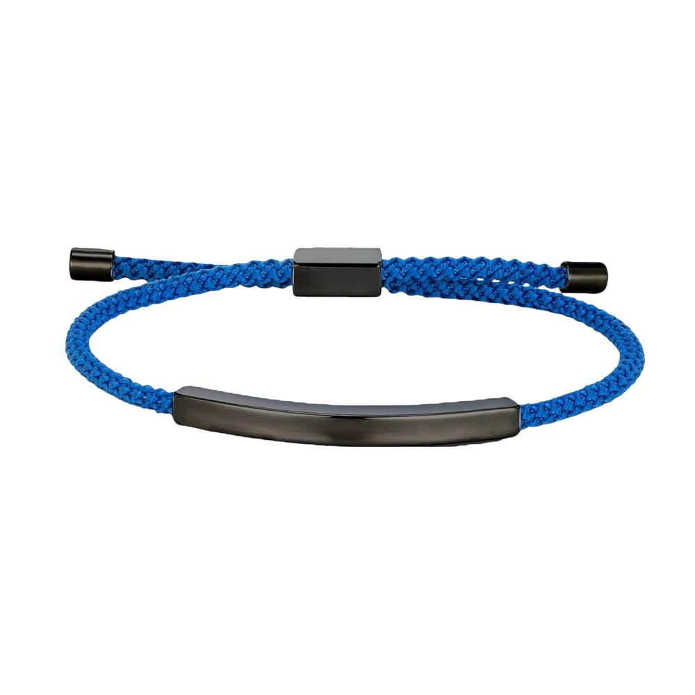 Bracelet cordon bleu ajustable avec plaque longue en acier inoxydable noir mat.