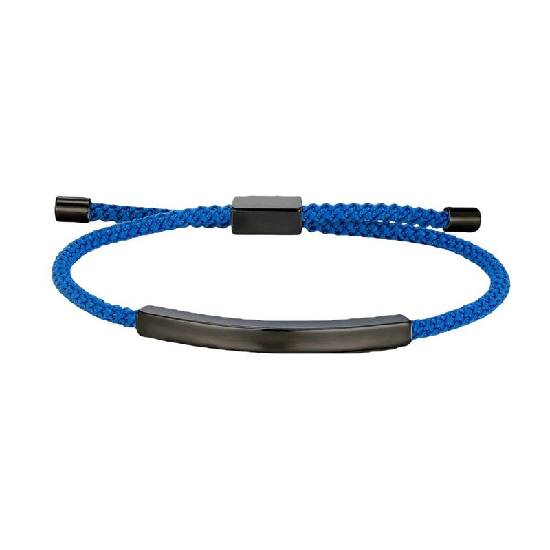 Bracelet cordon bleu ajustable avec plaque longue en acier inoxydable noir mat.
