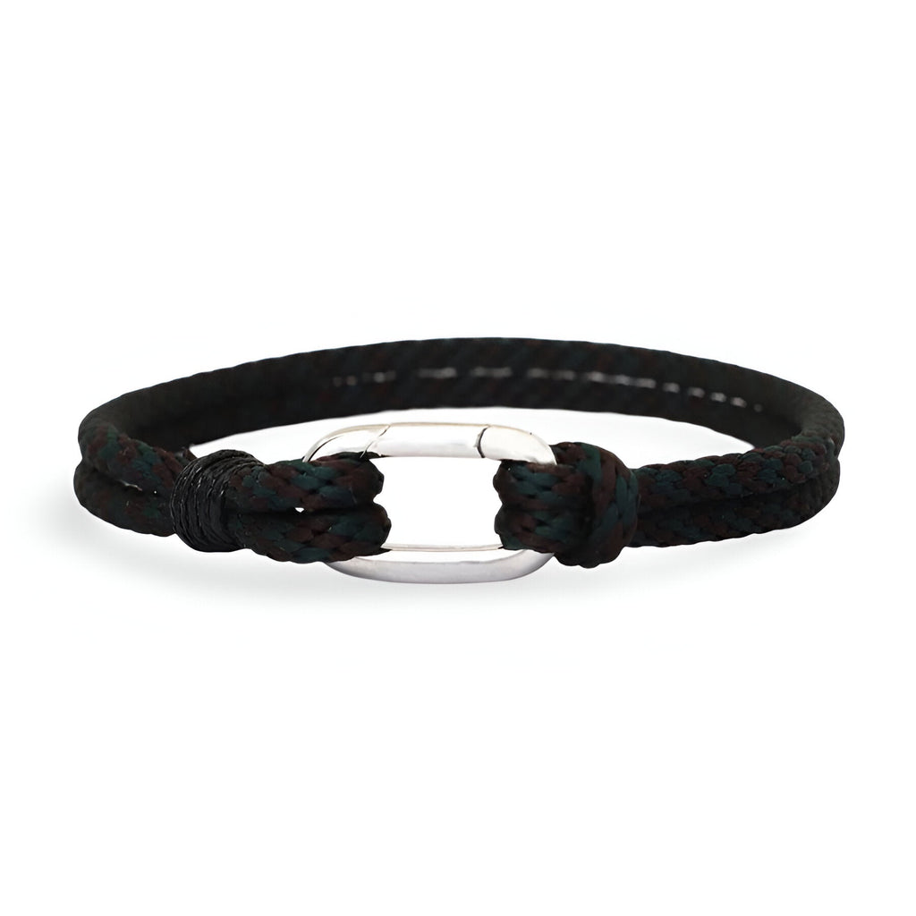 Bracelet cordon noir et rouge avec petit mousqueton argenté pour homme, modèle Yomi.