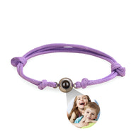 Bracelet photo modèle Réni avec corde violette et acier inoxydable, pendentif rond personnalisé.