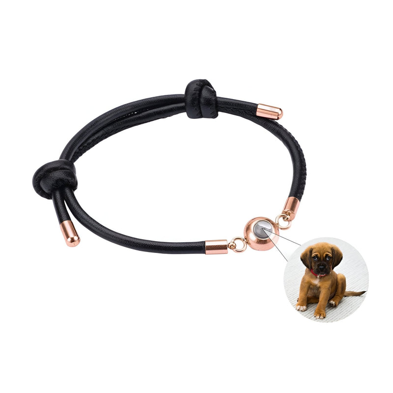 Bracelet en cuir noir avec fermoir et détail or rosé, médaille personnalisée photo chien.