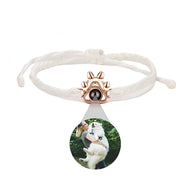 Bracelet corde blanc avec médaille photo ronde et patte de chien en argent rosé 925.