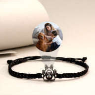 Bracelet corde noire avec pendentif patte de chien en argent 925, photo personnalisable au centre.
