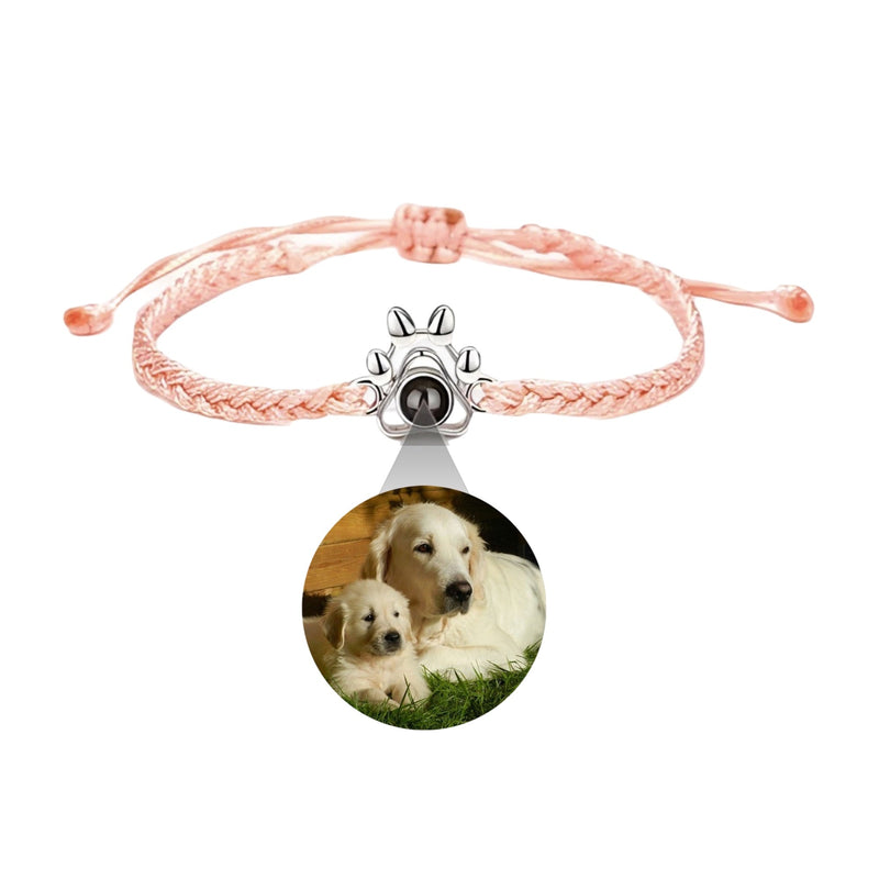 Bracelet corde rose avec pendentif photo rond argent 925 orné d'une patte de chien.
