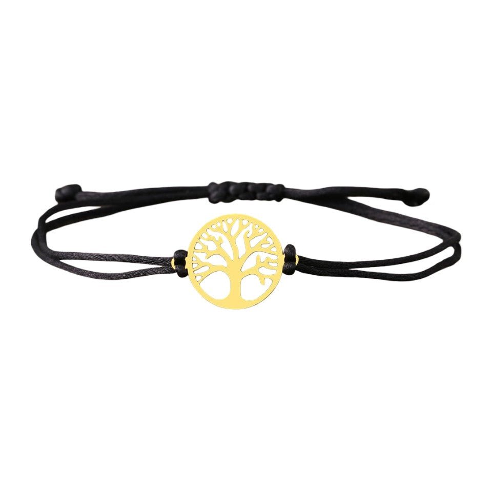 Bracelet cordon noir avec pendentif doré arbre de vie rond ajouré, style minimaliste pour femme.