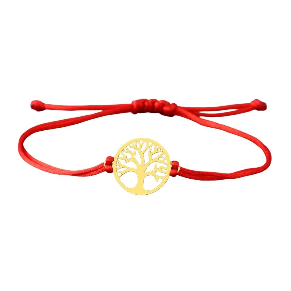 Bracelet femme cordon rouge avec pendentif arbre de vie en métal doré rond.