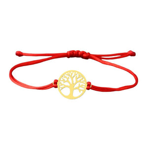Bracelet femme cordon rouge avec pendentif arbre de vie en métal doré rond.