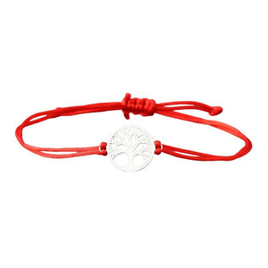 Bracelet cordon rouge pour femme avec pendentif arbre de vie en métal argenté, réglable.
