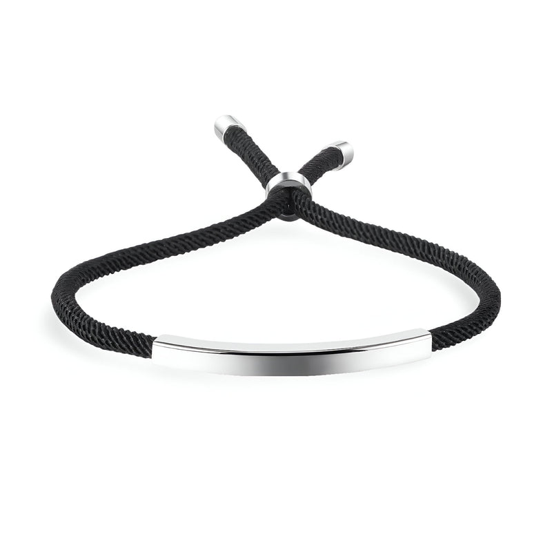 Bracelet cordon noir avec plaque gourmette en acier inoxydable argenté, modèle Lydie.