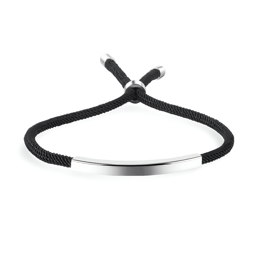 Bracelet cordon noir avec plaque gourmette en acier inoxydable argenté, modèle Lydie.