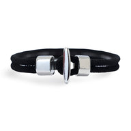 Bracelet cordon noir pour homme avec fermoir argenté en acier inoxydable, style minimaliste.