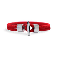 Bracelet cordon homme rouge en coton avec fermoir métal argenté lisse.