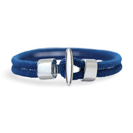 Bracelet cordon bleu royal en coton avec fermoir toggle argenté pour homme.