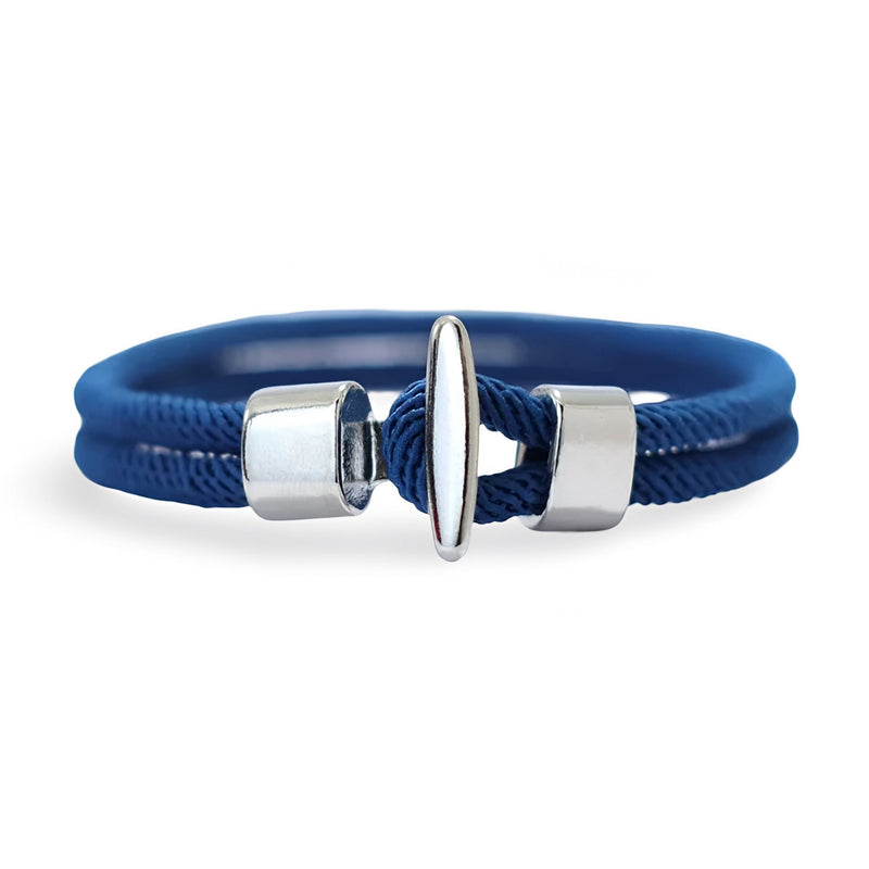 Bracelet cordon bleu royal en coton avec fermoir toggle argenté pour homme.