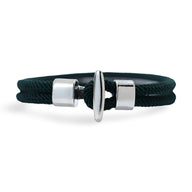 Bracelet cordon homme coton bleu marine avec fermoir bouton en métal argenté.
