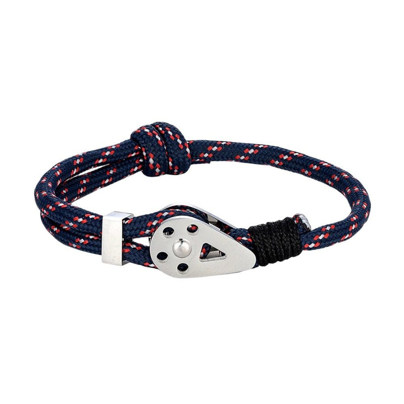 Bracelet cordon en paracorde bleu marine avec motif rouge et fermoir métallique poli.