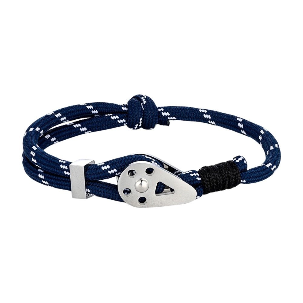 Bracelet cordon homme en paracorde bleu marine avec fermoir métallique argenté et nœud noir.