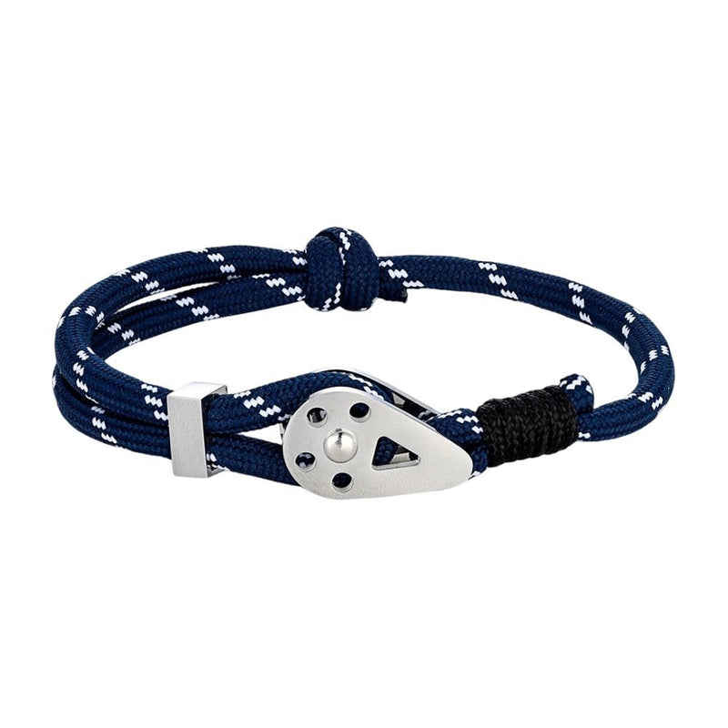 Bracelet cordon homme en paracorde bleu marine avec fermoir métallique argenté et nœud noir.