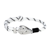 Bracelet cordon paracorde blanc à rayures noires avec fermoir métallique argenté et nœud noir.
