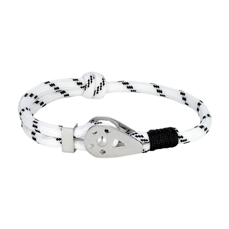 Bracelet cordon paracorde blanc à rayures noires avec fermoir métallique argenté et nœud noir.