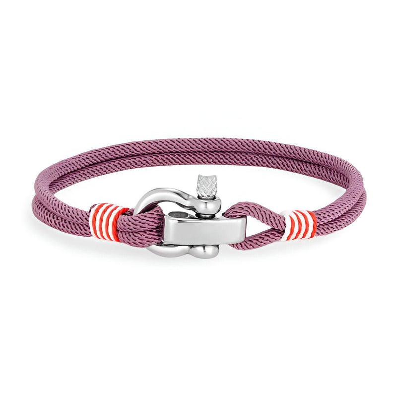 Bracelet cordon violet lavande manille acier inoxydable fermoir noeud avec détails rouges et blancs.