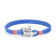 Bracelet cordon bleu électrique avec manille en acier inoxydable et détails orange.