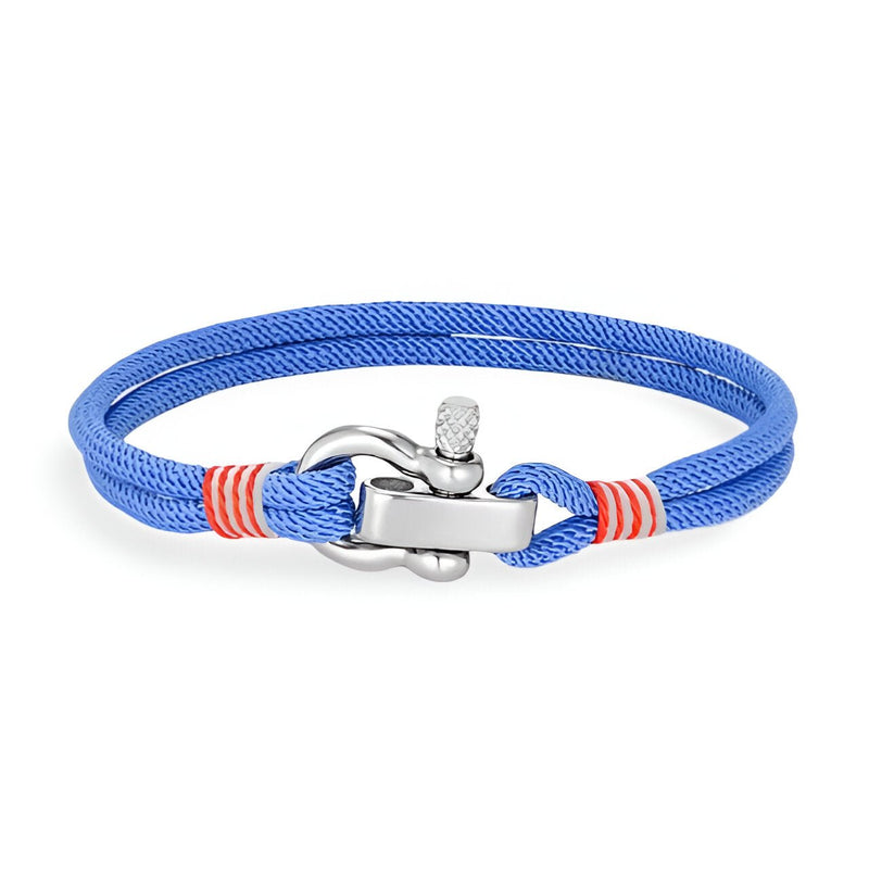 Bracelet cordon bleu électrique avec manille en acier inoxydable et détails orange.
