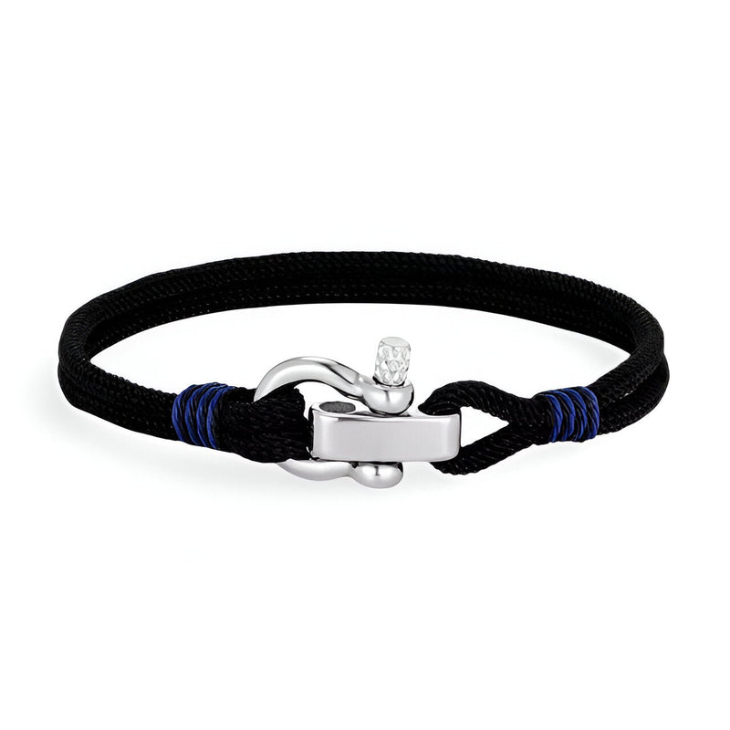 Bracelet cordon noir à manille en acier inoxydable avec détails bleus, style Kenny.