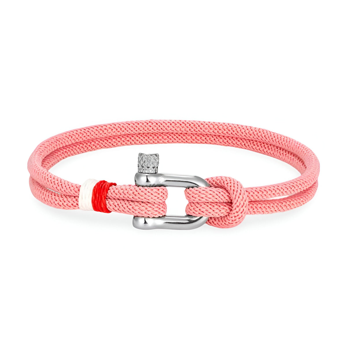 Bracelet cordon rose saumon pour homme avec manille en acier inoxydable et détail rouge.
