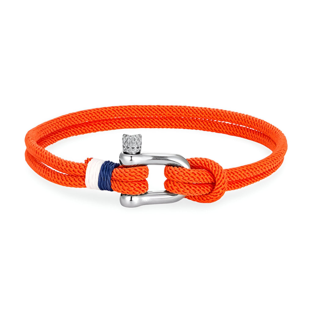 Bracelet cordon orange lumineux pour homme avec manille en acier inoxydable et détail tricolore bleu blanc rouge.