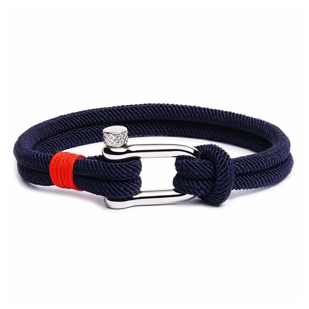 Bracelet cordon marine avec détail rouge et mousqueton argenté modèle Dimitri.