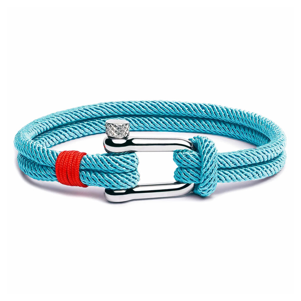 Bracelet cordon turquoise pour homme avec mousqueton argenté et détail rouge vif.