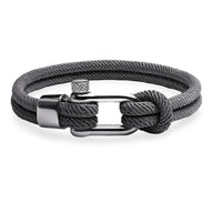 Bracelet cordon gris pour homme avec mousqueton argenté et nœuds décoratifs.