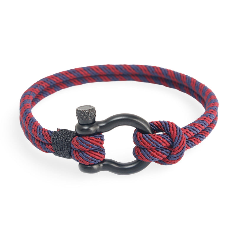 Bracelet cordon rouge et bleu avec fermoir mousqueton noir et nœud marin.