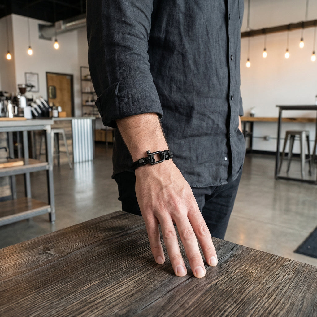 Bracelet cordon pour homme, mousqueton noir, modèle Étienne