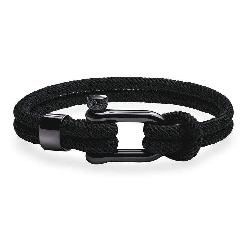 Bracelet homme cordon noir avec mousqueton en métal noir mat, style minimaliste.