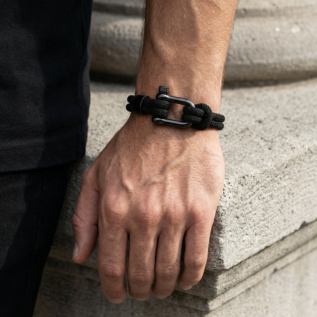 Bracelet cordon pour homme, mousqueton noir, modèle Étienne