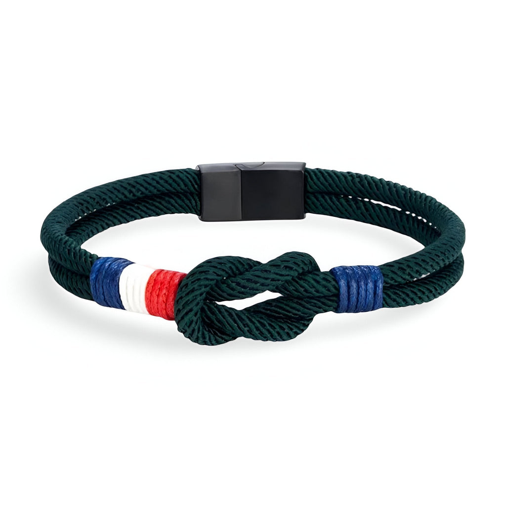 Bracelet cordon vert foncé avec nœud et drapeau français en cordage, fermoir noir mat.