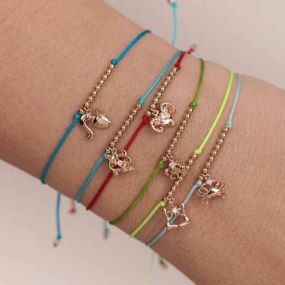 Bracelets cordon colorés avec charms signes du zodiaque en métal doré, style fin et délicat.