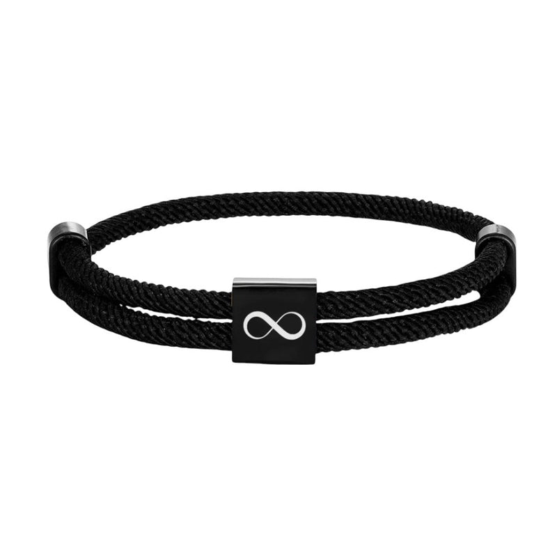 Bracelet cordon noir avec plaque acier inoxydable noire gravée motif infini, ajustable.