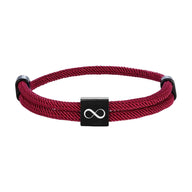 Bracelet cordon rouge bordeaux ajustable avec plaque acier inoxydable signe infini noir.