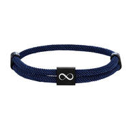 Bracelet cordon bleu marine avec plaque acier inoxydable noir gravée du signe infini ajustable.