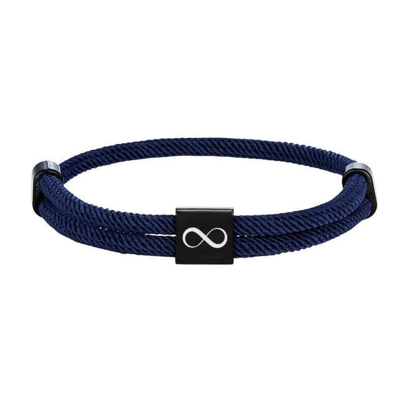 Bracelet cordon bleu marine avec plaque acier inoxydable noir gravée du signe infini ajustable.