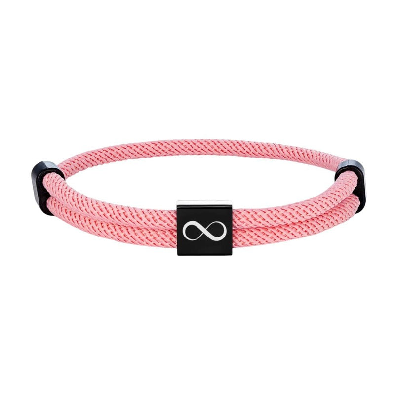 Bracelet cordon rose clair avec plaque inox noire gravée du signe infini, ajustable.