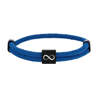 Bracelet cordon bleu roi avec plaque acier inoxydable noire et symbole infini blanc.