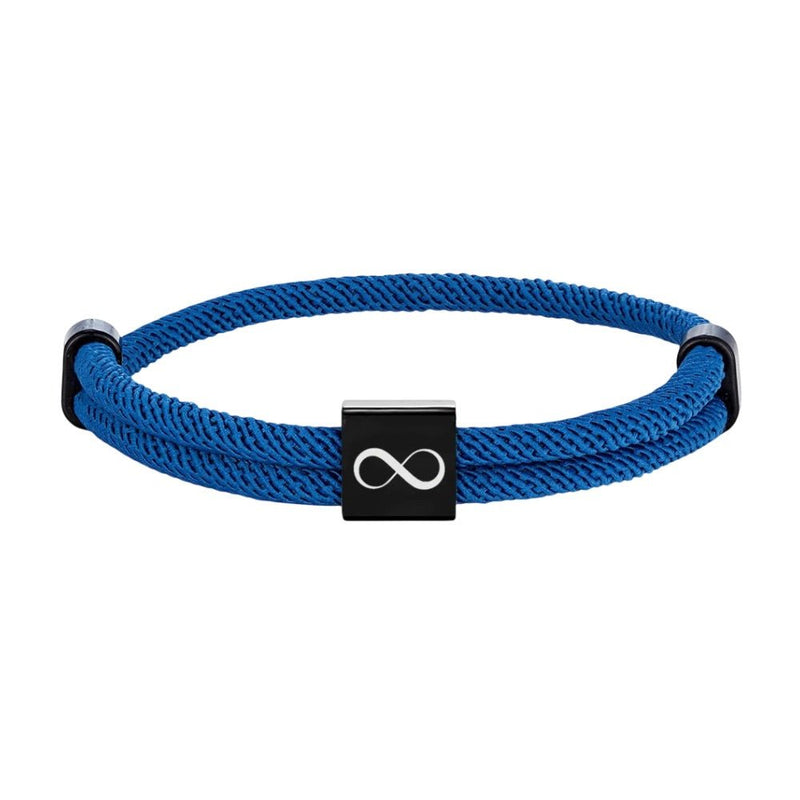 Bracelet cordon bleu roi avec plaque acier inoxydable noire et symbole infini blanc.