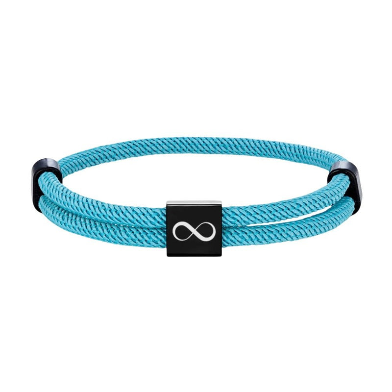 Bracelet cordon turquoise avec plaque noire acier inoxydable gravée signe infini ajustable.