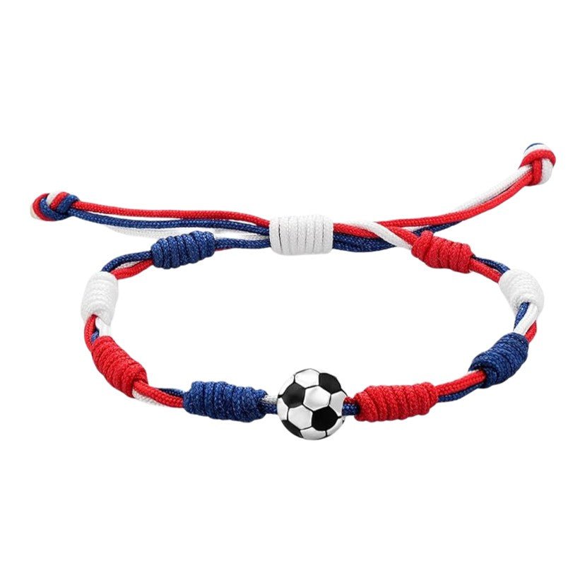 Geflochtenes Armband mit dreifarbiger Kordel, Fußball-Charm aus Edelstahl, Modell Kylian