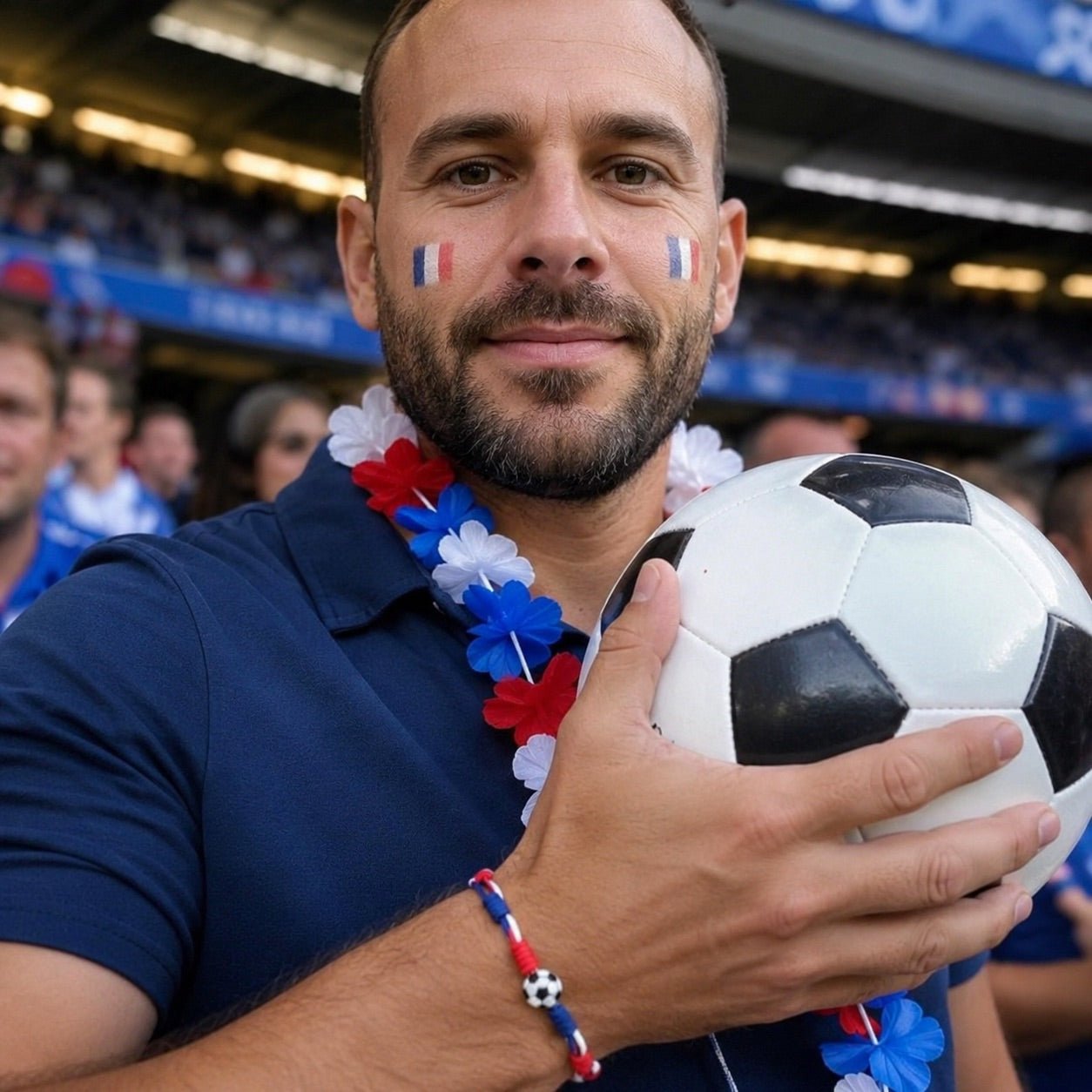 Braided Cord Bracelet in the Colors of France with Football Ball, Adjustable Jewelry for Supporters, Kylian model